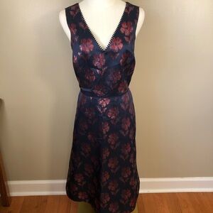Draper James Navy Sleeveless Dress with Metallic Red/Pink Floral Print Sz 8